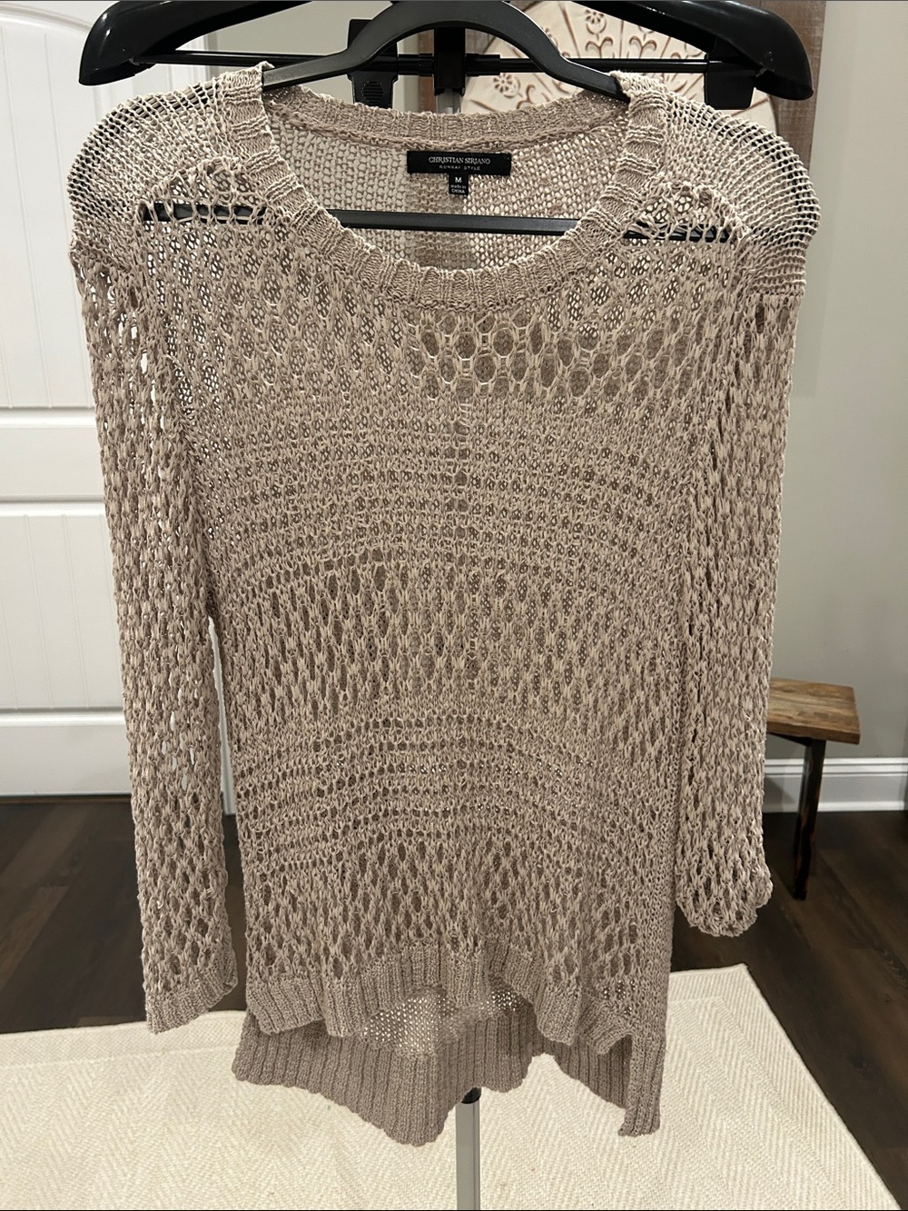 Christian Siriano open-knit scoop neck sweater in taupe